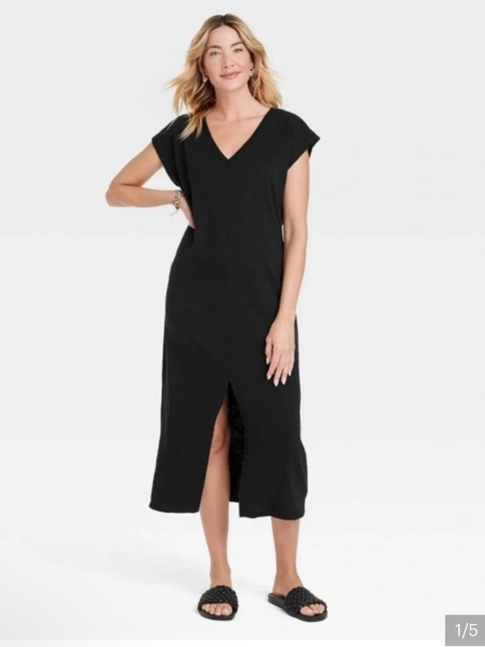 Universal Thread Black V-Neck Cap Sleeve Midi Dress with Front Slit